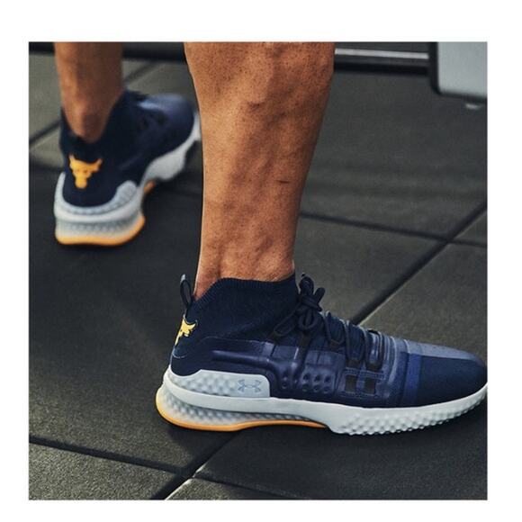 UNDER ARMOUR PROJECT ROCK 1 SNEAKERS NAVY/YELLOW HIGH TOP SHOES 11.5 - Picture 1 of 8